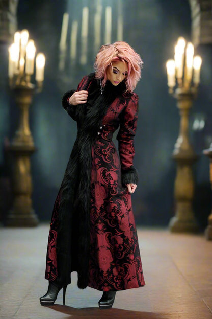 Shrine of Hollywood BLACK FOREST COAT - RED/BLACK TAPESTRY coat Women's Coats