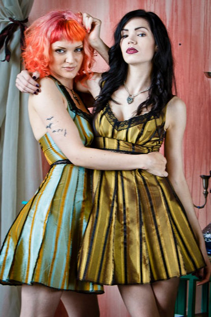Shrine of Hollywood CARNY DOLL DRESS - BLUE W/ GOLD STRIPES dress Dresses gold iridescent victorian vintage