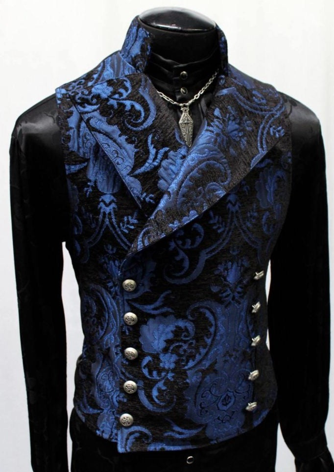 Shrine of Hollywood CAVALIER VEST - BLUE/BLACK TAPESTRY best seller blue cavalier dark double breasted Men's Vests steampunk tapestry vampire vest victorian