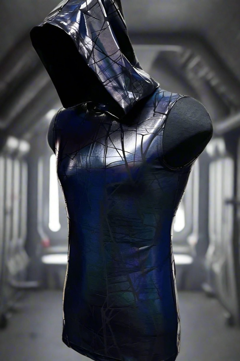 MEN'S HOODIE T - CRACKED HOLOGRAM FABRIC - BLUE/BLACK