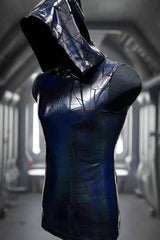 MEN'S HOODIE T - CRACKED HOLOGRAM FABRIC - BLUE/BLACK