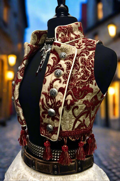 TOREADOR VEST - BURGUNDY/IVORY TAPESTRY Shrine of Hollywood top Belly dancer top burlesque top Pirate top Women's corset tops