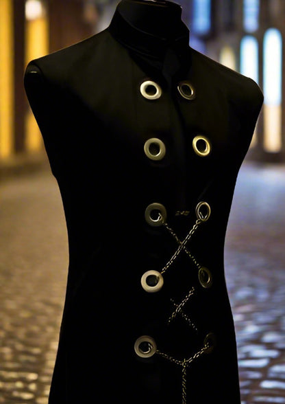 Shrine of Hollywood HELLRAISER ROBE W/ CHAIN - BLACK DENIM floor length goth gothic hellraiser Men's Coats sleeveless