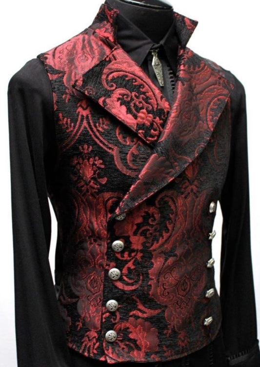 Shrine of Hollywood CAVALIER VEST - RED/BLACK TAPESTRY cavalier double breasted formal goth gothic Men's Vests red tapestry vampire vest