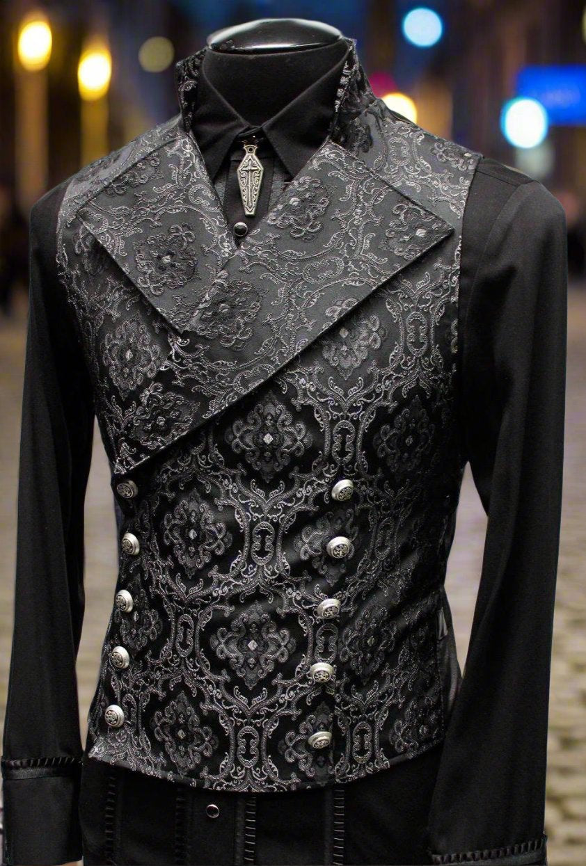 Shrine of Hollywood CAVALIER VEST - BLACK EDWARDIAN BROCADE black brocade double breasted edwardian Men's Vests
