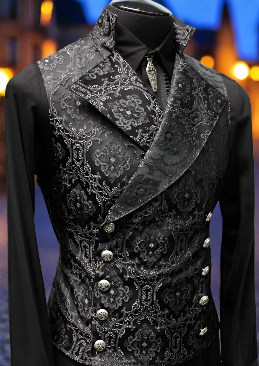 Shrine of Hollywood CAVALIER VEST - BLACK EDWARDIAN BROCADE black brocade double breasted edwardian Men's Vests