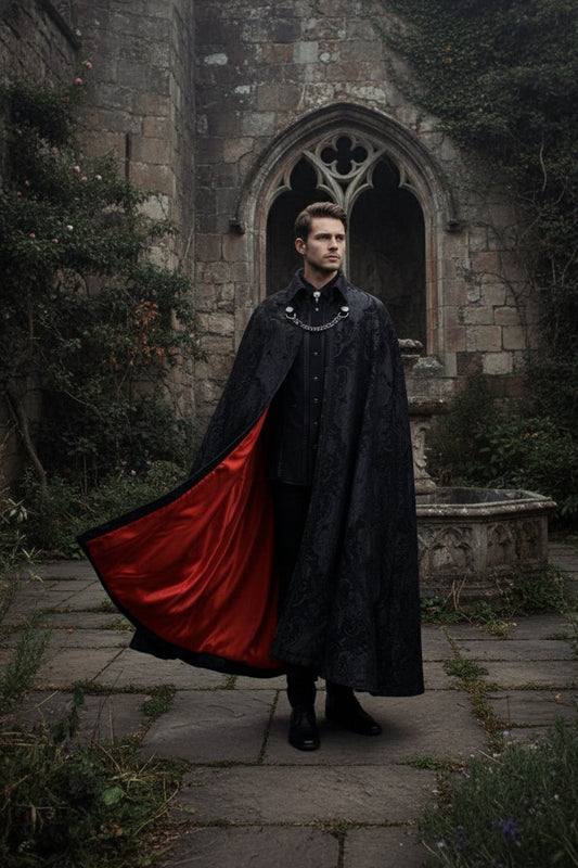 CLOAK OF DARKNESS - BLACK ON BLACK TAPESTRY W/ RED LINING Shrine of Hollywood coat Capes variant-option-placeholder