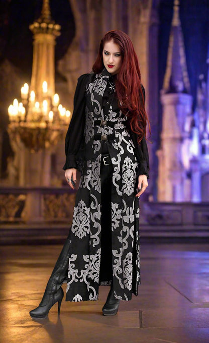 Shrine of Hollywood NECROMANTIC COAT/VEST - SILVER ON BLACK VELVET BROCADE brocade silver sleeveless vest Women's Coats