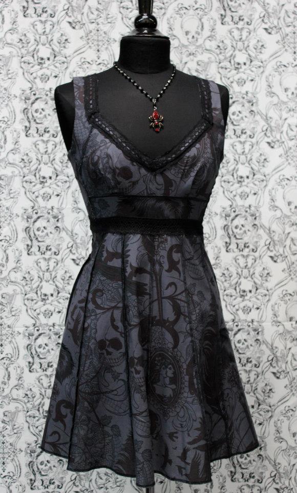 VINTAGE STYLE COCKTAIL DRESS - GOTHIC TATTOO PRINT - GREY