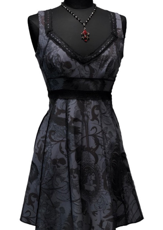 Shrine of Hollywood VINTAGE STYLE COCKTAIL DRESS - GOTHIC TATTOO PRINT - GREY art black dress Dresses goth gothic sale skull vintage