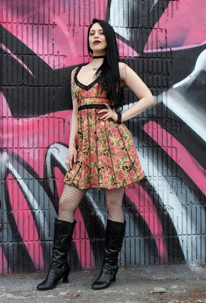 Shrine of Hollywood VINTAGE STYLE COCKTAIL DRESS - SKULL AND ROSE PRINT Dresses