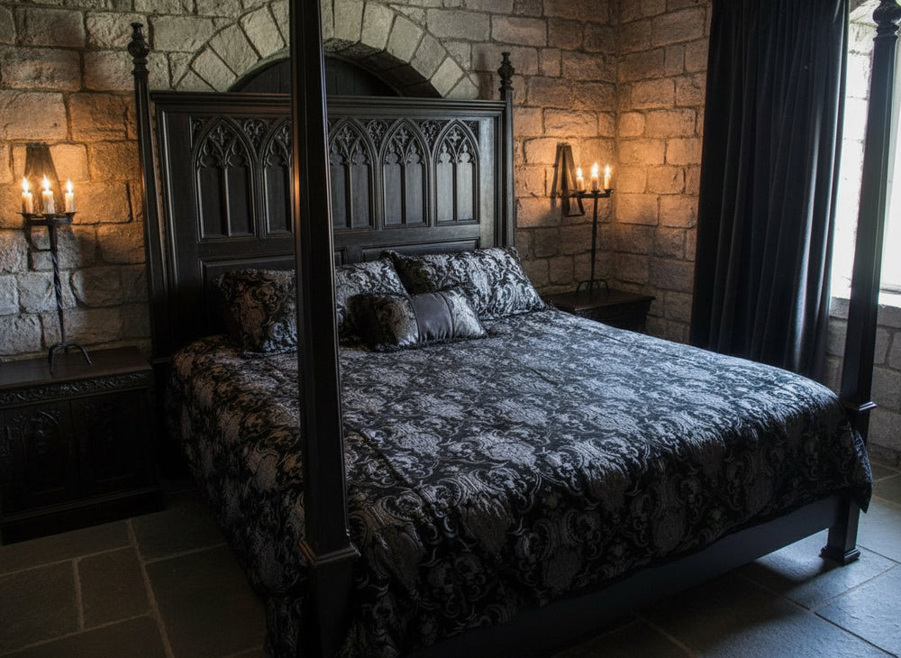 MEDIEVAL TAPESTRY DUVET AND PILLOW SET -  SILVER/BLACK TAPESTRY - QUEEN SIZE